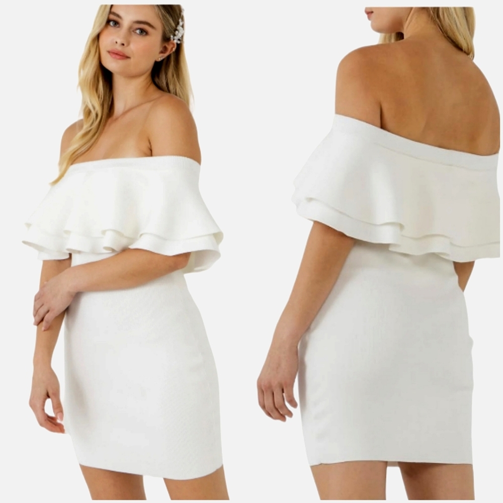 Endless Rose Nwt White Strapless Off Shoulder Double Ruffle Bodycon Knit…